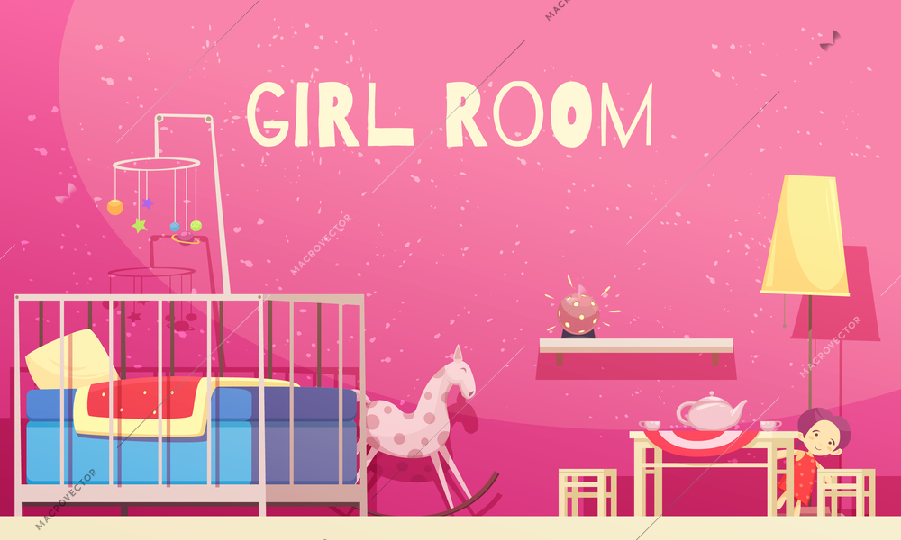 Room for girl with pink walls, cot and yellow lamp, table and chairs, toys, cartoon vector illustration