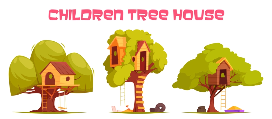 Tree houses between green foliage set with hanging ladder, swing and sand for play isolated vector illustration