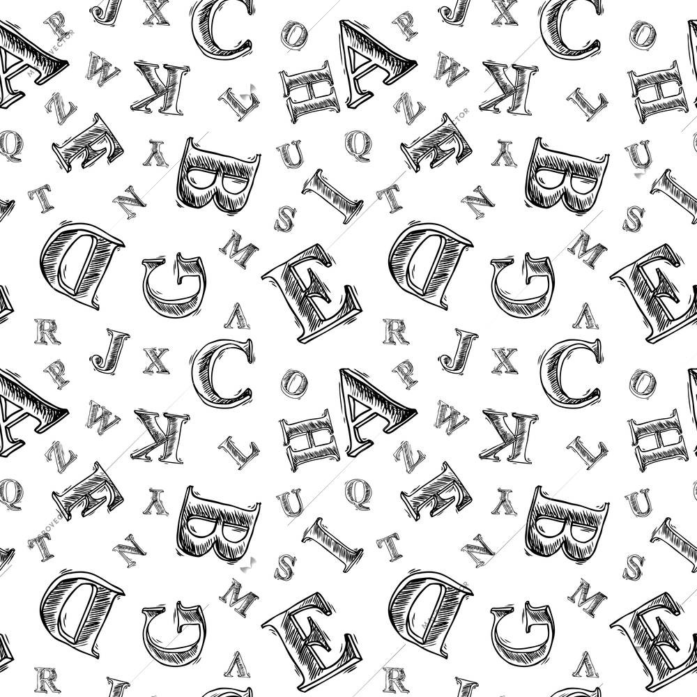 Sketch hand drawn alphabet black and white font letters seamless pattern vector illustration