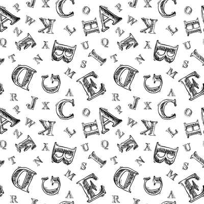 Sketch hand drawn alphabet black and white font letters seamless pattern vector illustration