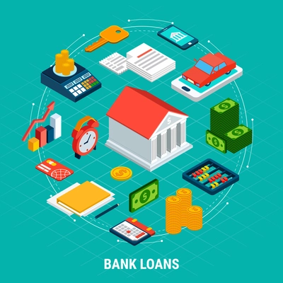 Loans isometric composition with isolated images of accounting equipment money electronics and infographic pictograms with text vector illustration