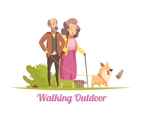 Elderly couple during walking with happy puppy on leash in summer cartoon vector illustration