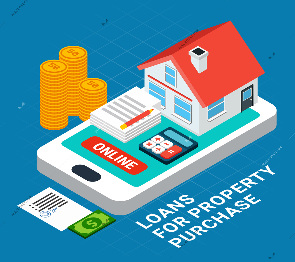 Loans isometric composition with conceptual images of private house on top of smartphone screen with text vector illustration