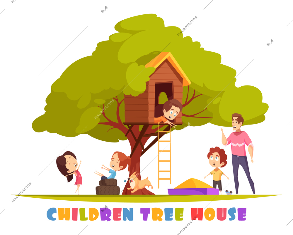 Tree house with hanging ladder, sand box, joyful children, puppy and smiling man cartoon vector illustration