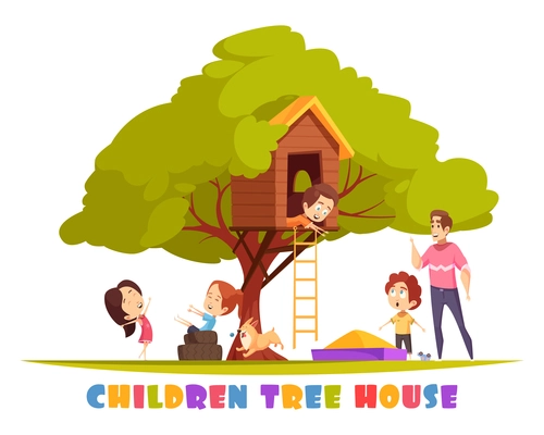 Tree house with hanging ladder, sand box, joyful children, puppy and smiling man cartoon vector illustration