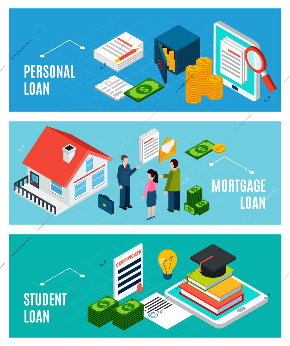 Loans isometric horizontal banners set with three compositions of financial icons documents and people with text vector illustration