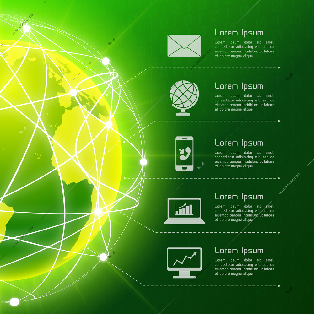 Network globe green sphere earth map background with business icons vector illustration