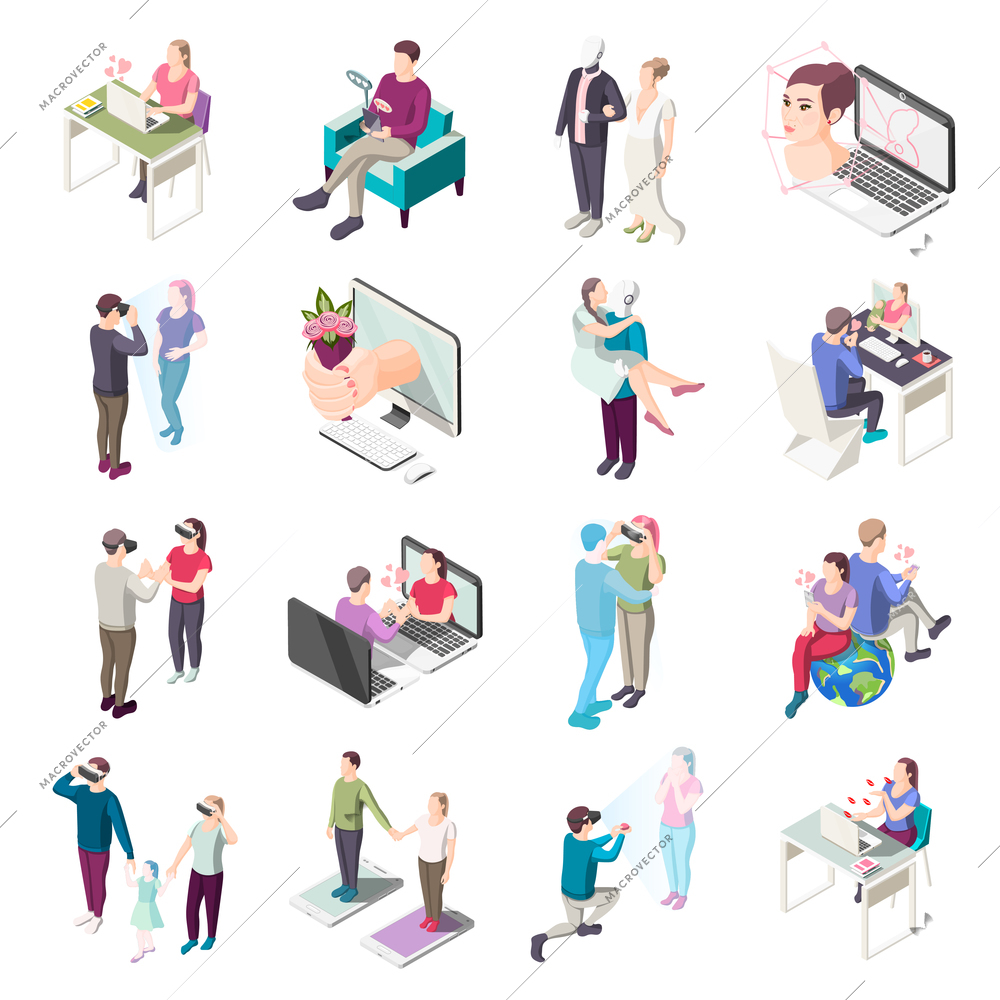 Virtual love, romantic chat on mobile devices, human and robot relationship, isometric icons isolated vector illustration