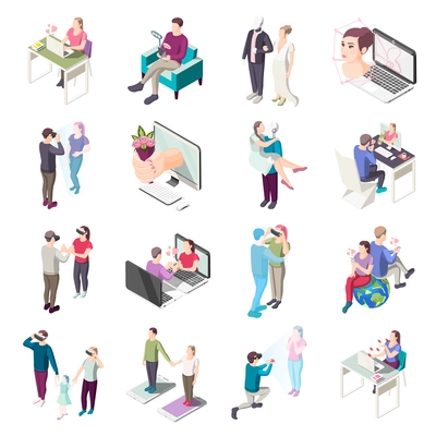 Virtual love, romantic chat on mobile devices, human and robot relationship, isometric icons isolated vector illustration