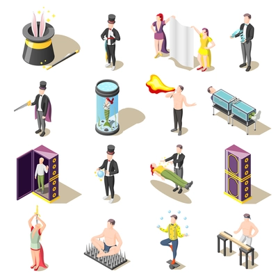 Magic show isometric icons with levitation, danger tricks, juggler, mysteries of illusionist isolated vector illustration