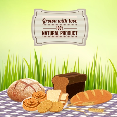 Bread background with homemade natural product symbols flat vector illustration