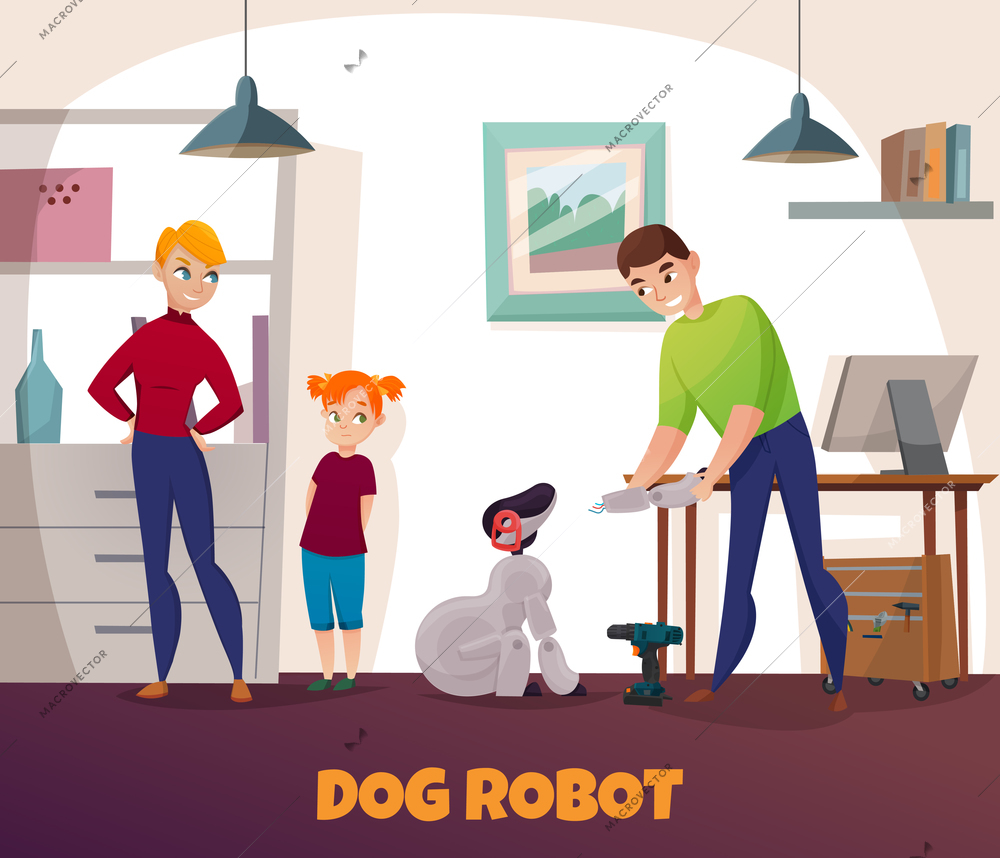 Dog robot repair with electronics and technology symbols flat vector illustration