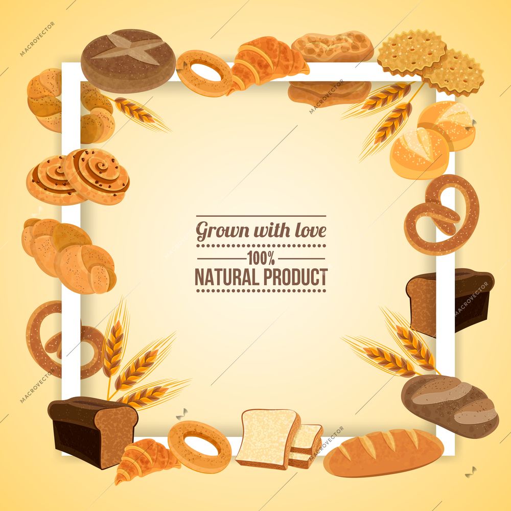 Bread and pastry frame with natural product symbols flat vector illustration