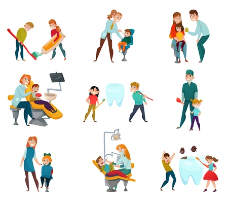 Pediatric dentist icons set with kids and medical treatment symbols flat isolated vector illustration