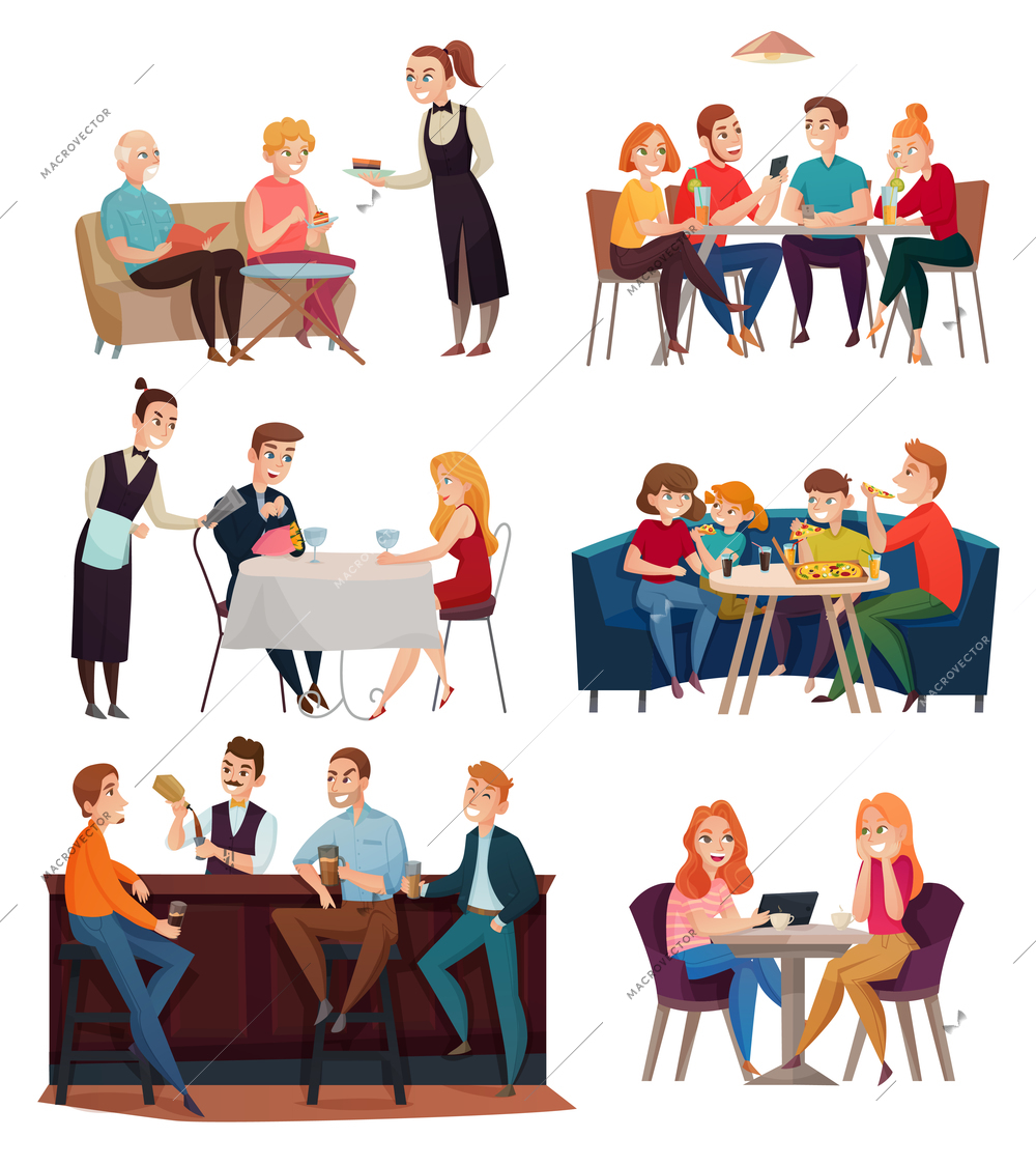 Restaurant and pub visitors set with food and drinks symbols flat isolated vector illustration