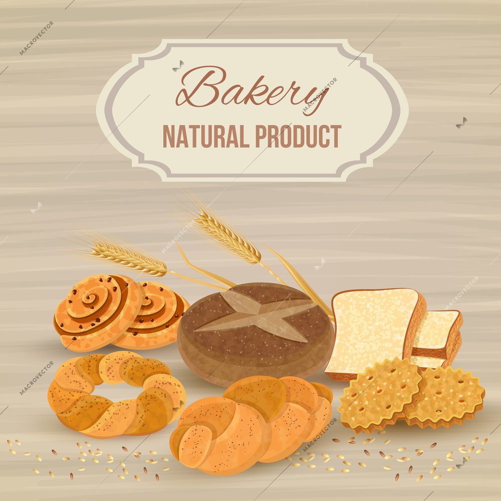 Bread poster with bakery natural product symbols flat vector illustration