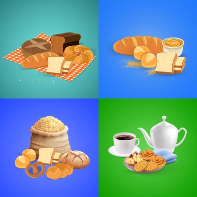 Bread concept icons set with breakfast and lunch symbols flat isolated vector illustration