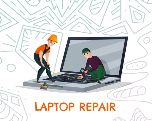 Laptop repair with electronics and technology work symbols flat vector illustration