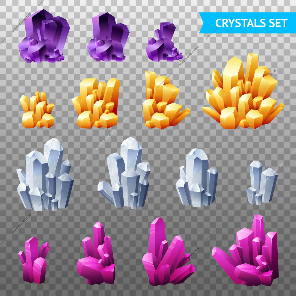 Set of realistic crystals gems and diamonds of different forms isolated on transparent background vector illustration