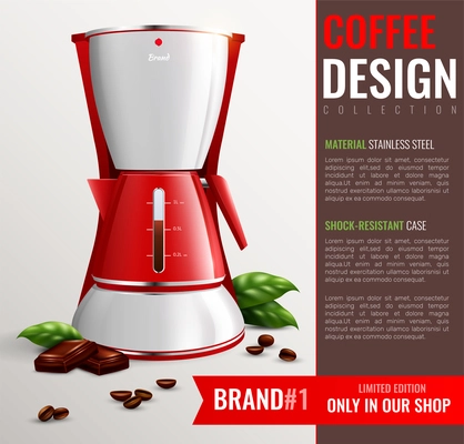 Household kitchen appliances poster with advertisement of coffee machine brand  traded in promoted shop realistic vector illustration