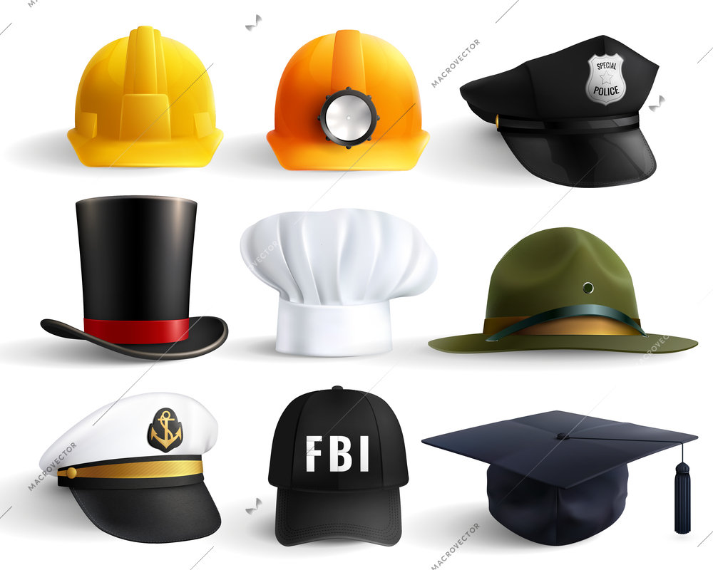 Different professions hats set with magistr hat miner helmet cylinder chef fbi and police head uniform isolated vector illustration