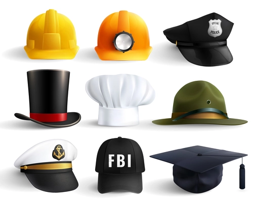 Different professions hats set with magistr hat miner helmet cylinder chef fbi and police head uniform isolated vector illustration