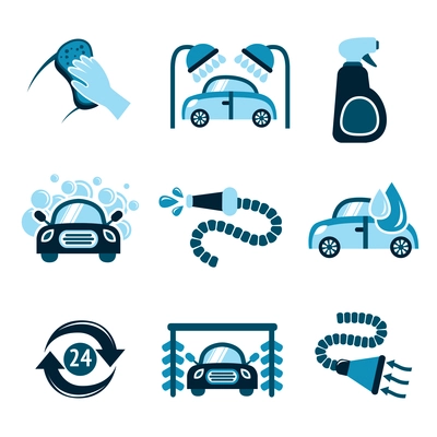 Car wash auto cleaner 24h service isolated icons vector illustration