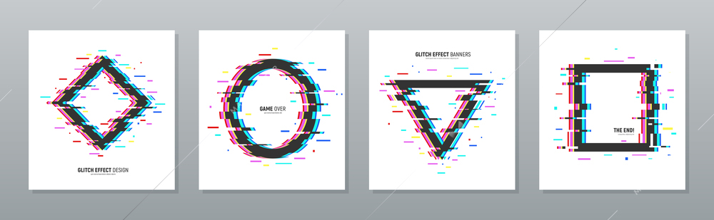 Glitch effect poster set with circle triangle rhombus and square distorted frames isolated vector illustration