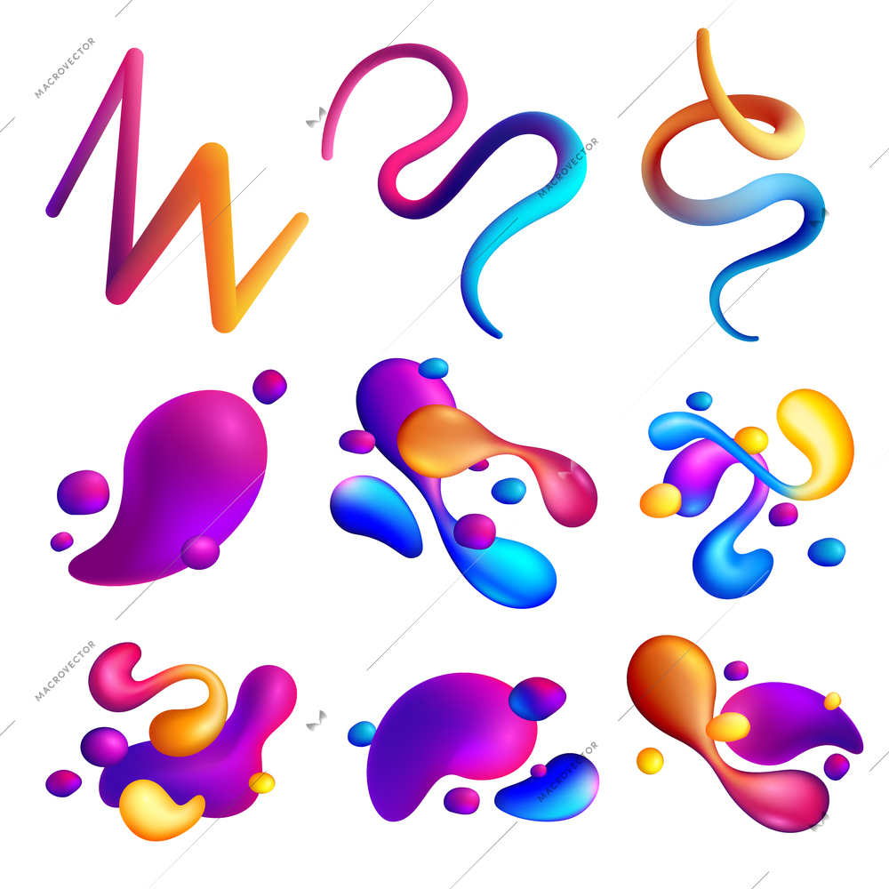 Set of different abstract shapes of holographic fluid spills on white background isolated vector illustration