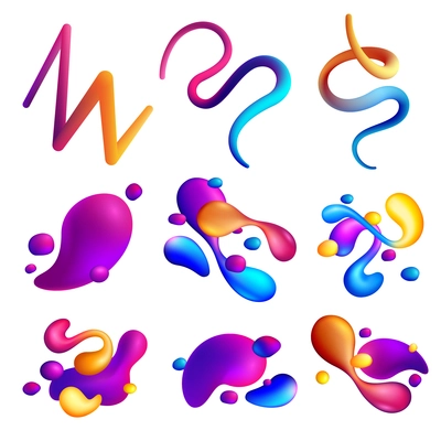 Set of different abstract shapes of holographic fluid spills on white background isolated vector illustration