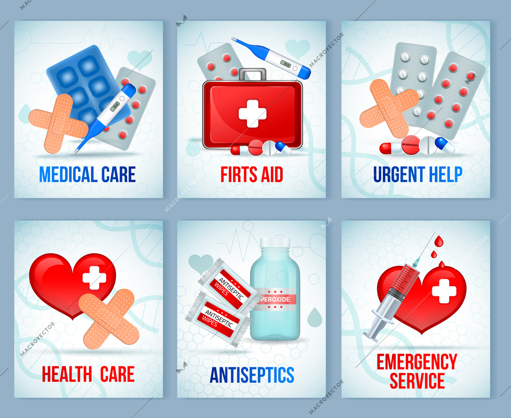 First aid kit supply equipment compositions for emergency medical treatment 6 realistic cards set isolated vector illustration