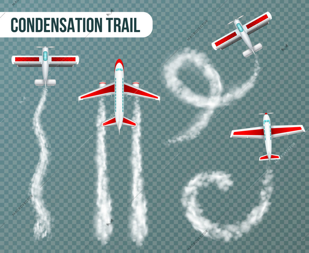 Airplanes with various shapes condensation trail elements realistic set top view against transparent background isolated vector illustration