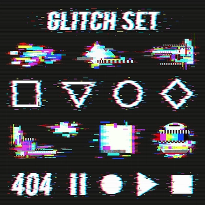 Glitch set on black background with geometric forms and font with distortion effect flat vector illustration
