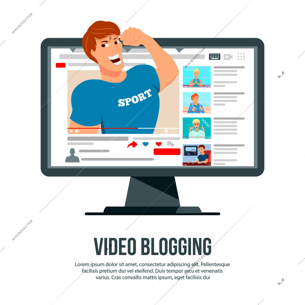 Video blogging popular sport author character popping out of computer screen flat advertisement website header vector illustration