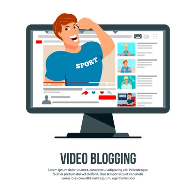 Video blogging popular sport author character popping out of computer screen flat advertisement website header vector illustration