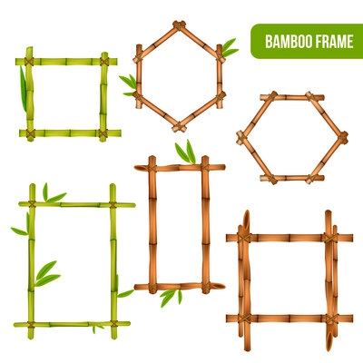 Green and dry bamboo decorative interior elements square rectangle and hexagon frames realistic set isolated vector illustration