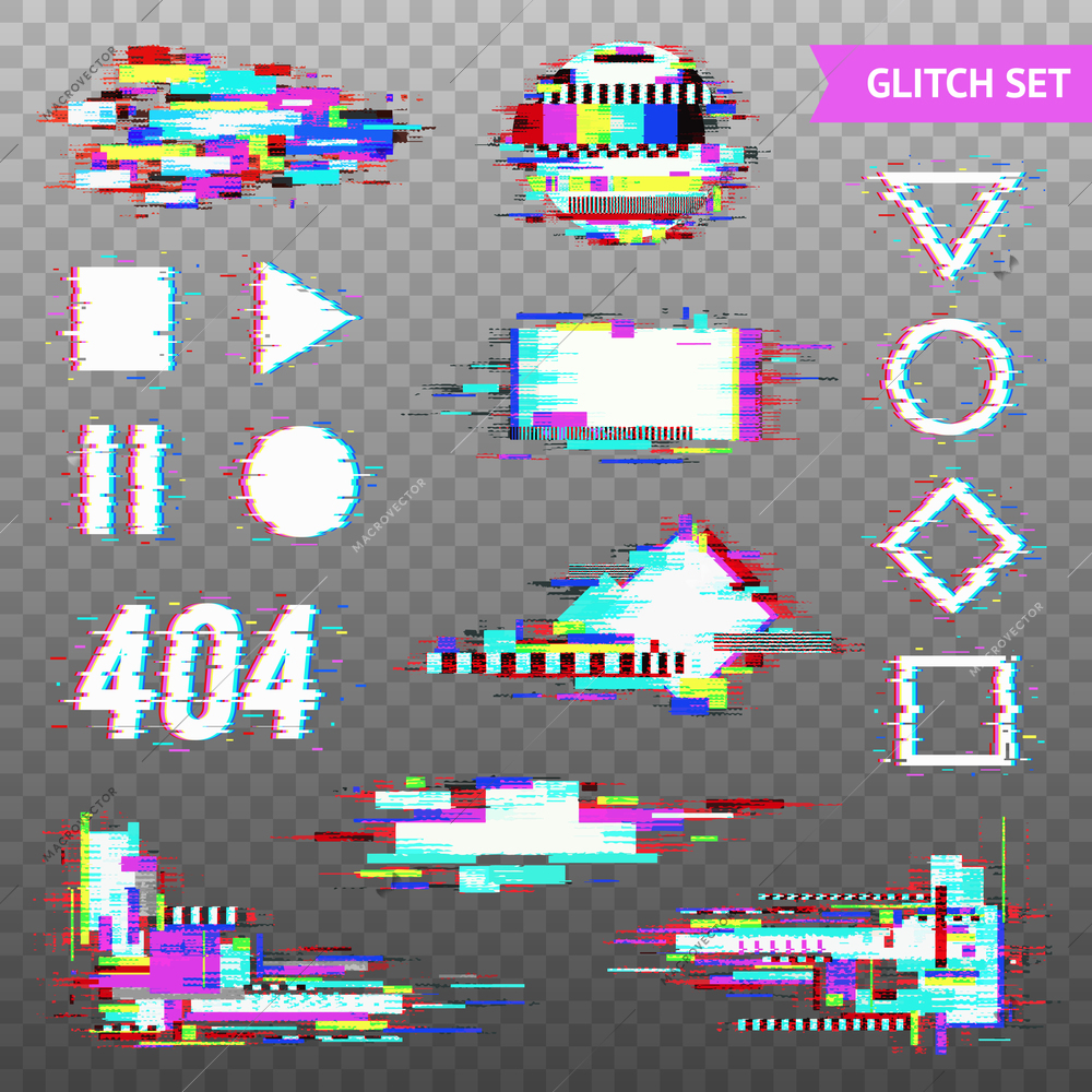 Set of simple geometric forms and digital elements in distorted glitch style on transparent background vector illustration