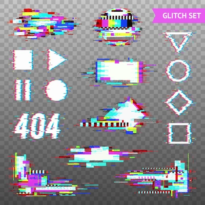 Set of simple geometric forms and digital elements in distorted glitch style on transparent background vector illustration