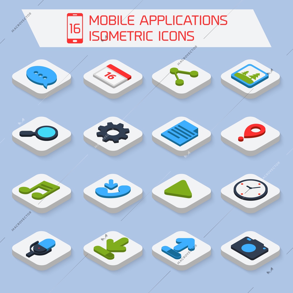 Mobile phone applications search settings mail isometric icons set  isolated vector illustration