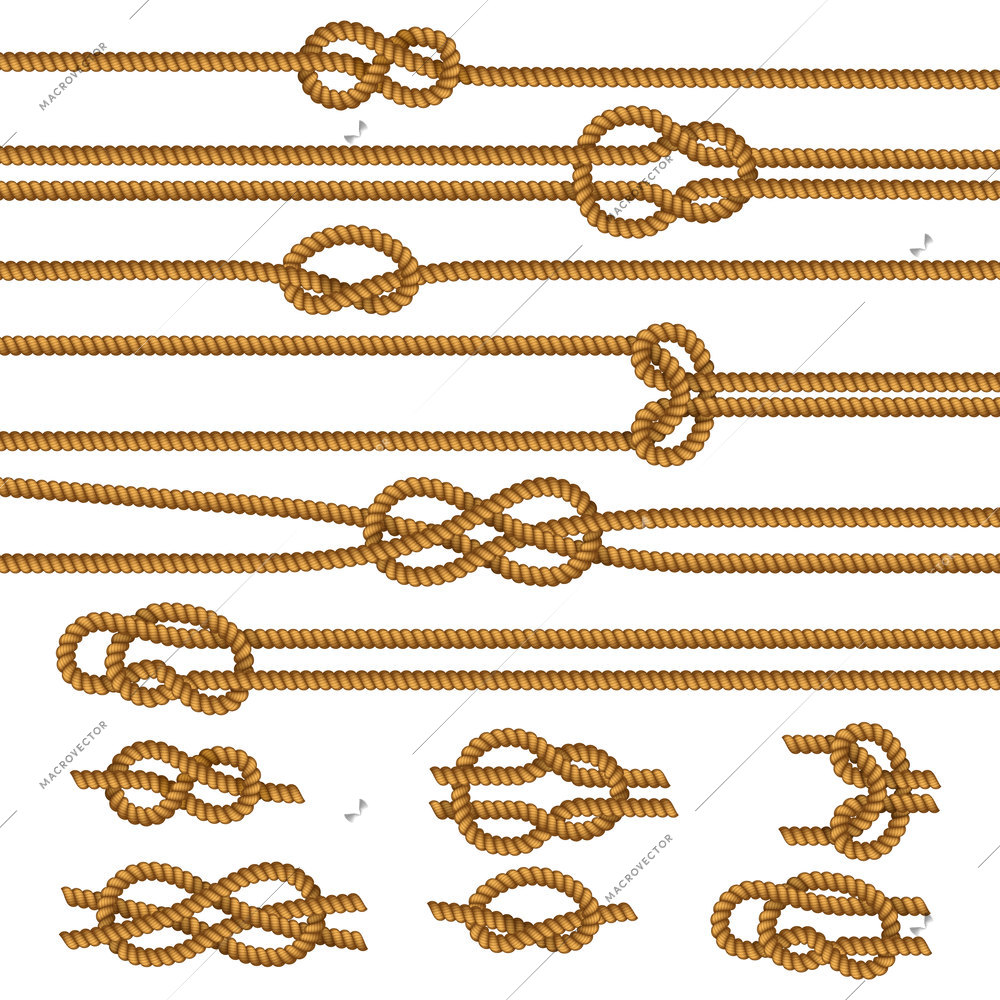 Useful ropes knots samples collection with figure 8 square reef sheet bend overhand realistic isolated vector illustration