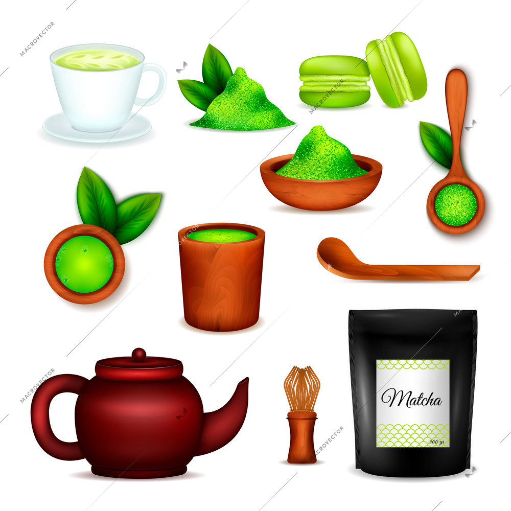 Japanese matcha green powder realistic icons set with tea ceremony cup latte whisk desserts isolated vector illustration