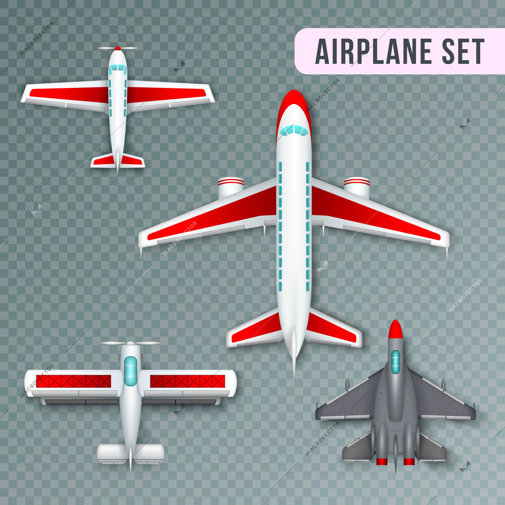 Airplane passenger propeller and jet planes and military aircraft realistic top view images collection transparent vector illustration