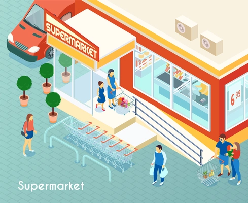 Supermarket outdoor isometric background with buyers leaving shop building with purchases vector illustration