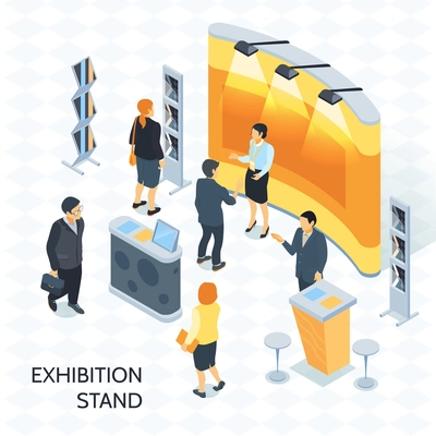 Exhibition isometric vector illustration with visitors and consultant with badge near expo stand illuminated by spotlights