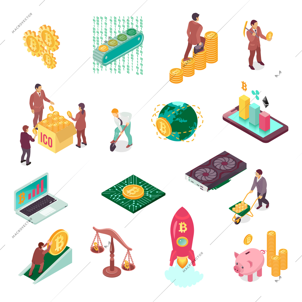 Cryptocurrency isometric icons set of hardware mining block chains ico rocket images vector illustration