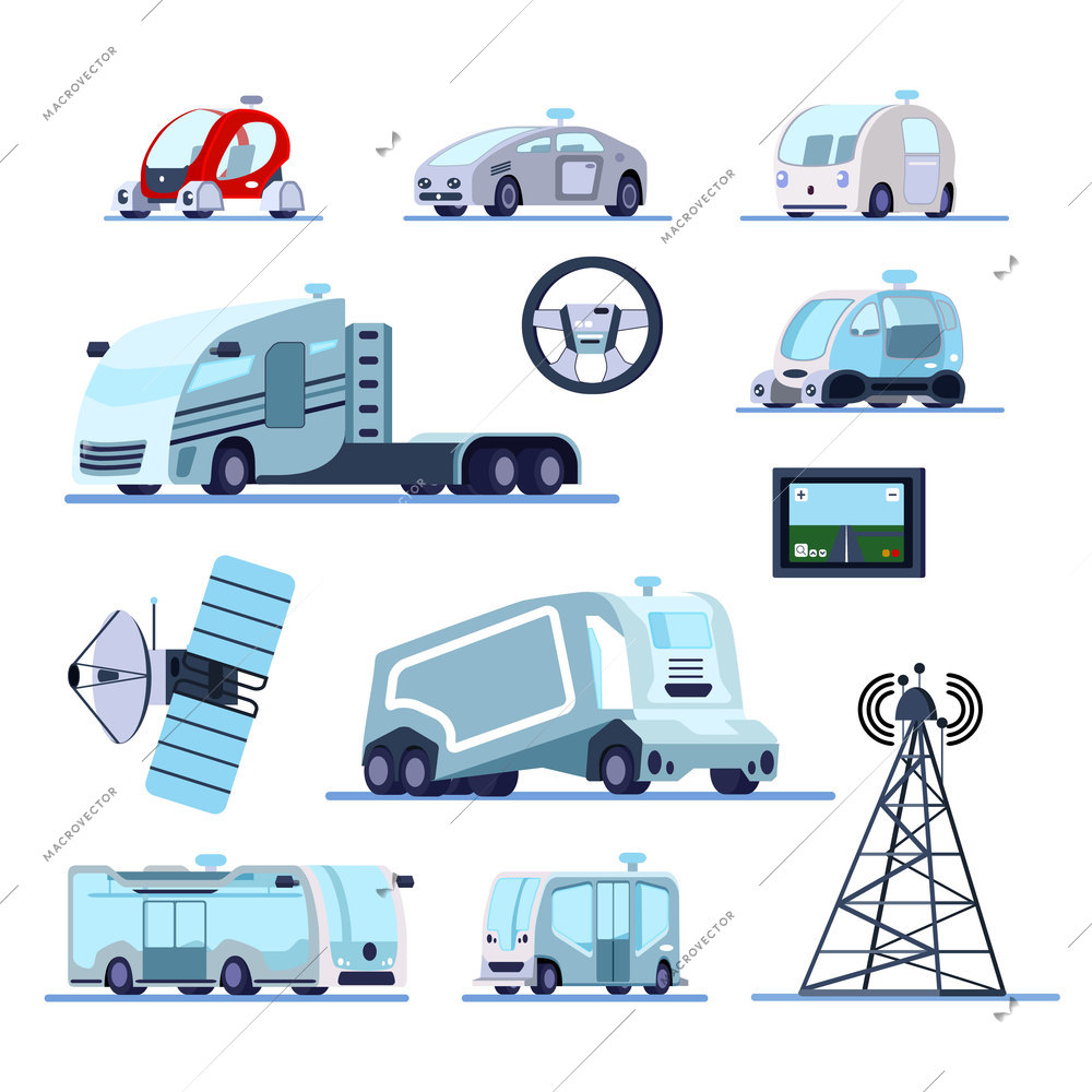 Autonomous vehicles cruise system flat icons set with unmanned car truck bus radar gps controlled vector illustration