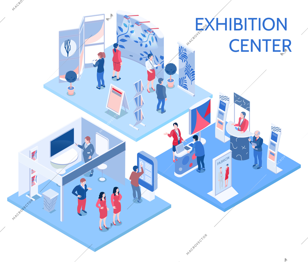 Exhibition center isometric compositions with people looking at expo stands  in gallery hall and communicating with staff vector illustration