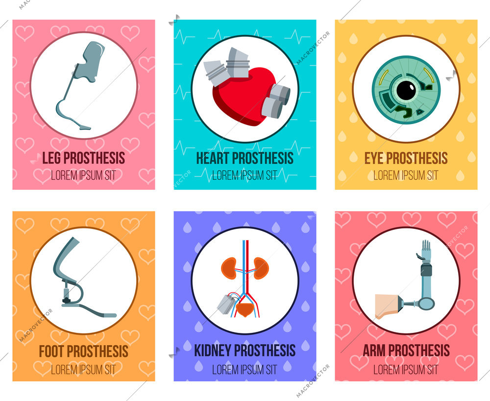 Orthopedic medical prothesis flat cards collection with artificial kidney eye implants and prosthetic limbs isolated vector illustration