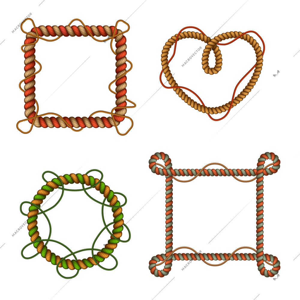 Decorative colorful rope frames set circular and square shaped with cord loops knots realistic isolated vector illustration
