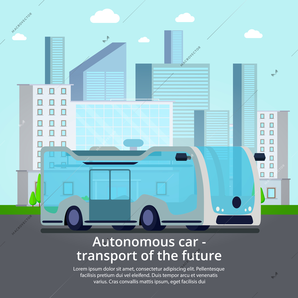 Autonomous driverless transportation vehicles of future flat advertising poster with unmanned bus on city street vector illustration